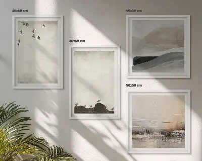 Paukščių ir akmenų motyvų dekoracijų rinkinys 4 paveikslai su rėmais ir teptuko potėpių detalėmis