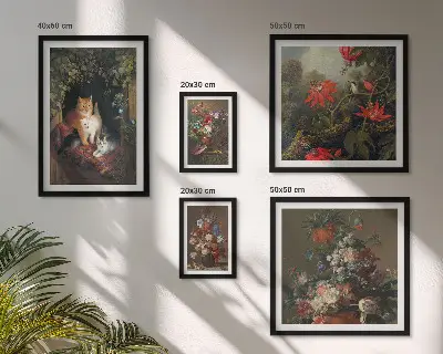 Sieninė paveikslų galerija vintažinio stiliaus gėlių ir kačių motyvais