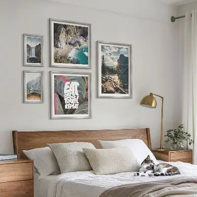 Kalnų krioklių peizažų paveikslų rinkinys 5 dalių su rėmais