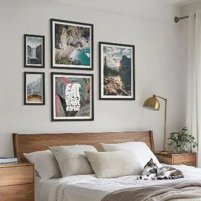 Kalnų krioklių peizažų paveikslų rinkinys 5 dalių su rėmais
