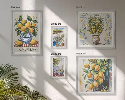 Paveikslų rinkinys miegamajam su Viduržemio jūros regiono stiliaus citrusiniais vaisiais