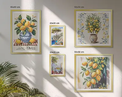 Paveikslų rinkinys miegamajam su Viduržemio jūros regiono stiliaus citrusiniais vaisiais