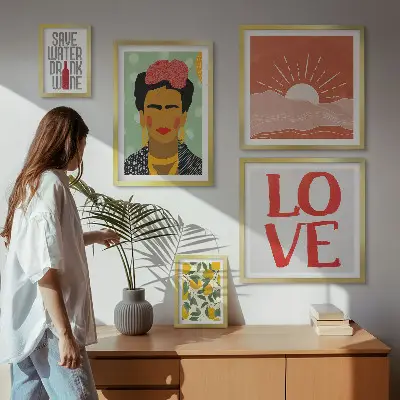 Paveikslų rinkinys miegamajam boho stiliaus gėlių moters motyvais