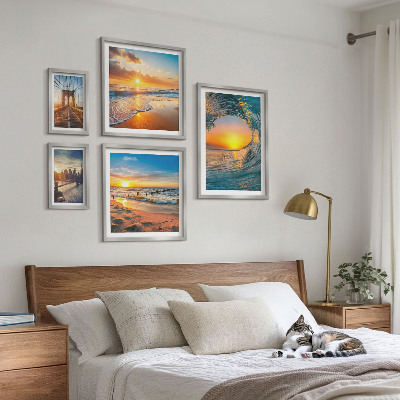 5 paveikslų rinkinys su rėmais Jūra, saulėlydžiai, miesto tiltai
