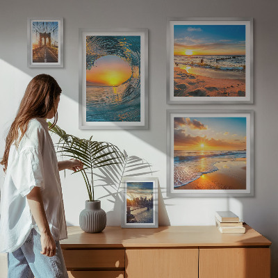 5 paveikslų rinkinys su rėmais Jūra, saulėlydžiai, miesto tiltai