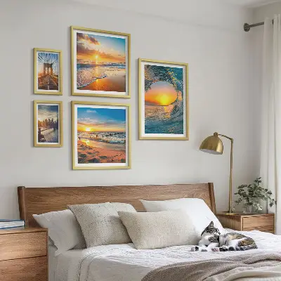 5 paveikslų rinkinys su rėmais jūra, saulėlydžiai ir miesto tiltai