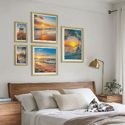 5 paveikslų rinkinys su rėmais Jūra, saulėlydžiai, miesto tiltai