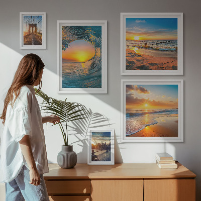 5 paveikslų rinkinys su rėmais Jūra, saulėlydžiai, miesto tiltai
