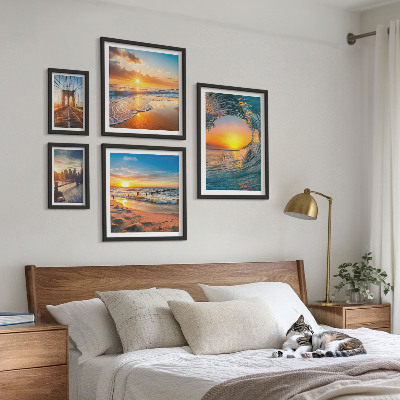 5 paveikslų rinkinys su rėmais Jūra, saulėlydžiai, miesto tiltai