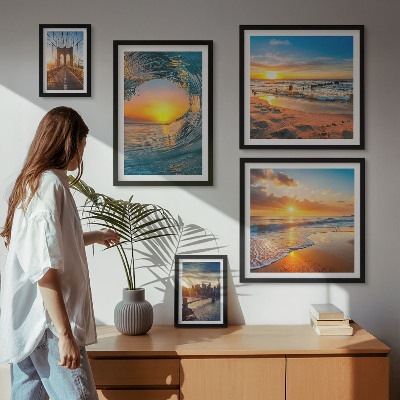 5 paveikslų rinkinys su rėmais Jūra, saulėlydžiai, miesto tiltai
