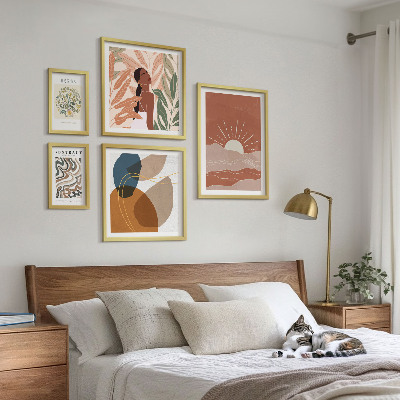 5 paveikslų rinkinys su rėmais Boho stiliaus augalų abstraktūs motyvai