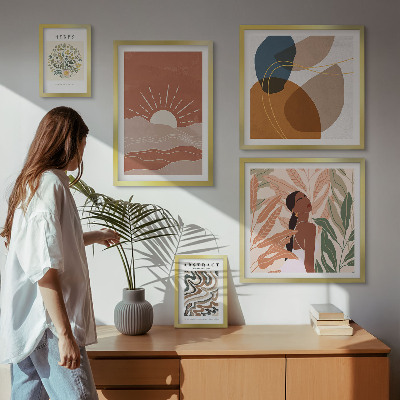 5 paveikslų rinkinys su rėmais Boho stiliaus augalų abstraktūs motyvai