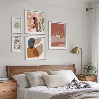 5 paveikslų rinkinys su rėmais Boho stiliaus augalų abstraktūs motyvai
