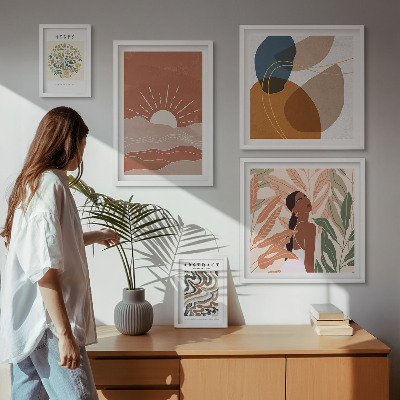 5 paveikslų rinkinys su rėmais Boho stiliaus augalų abstraktūs motyvai