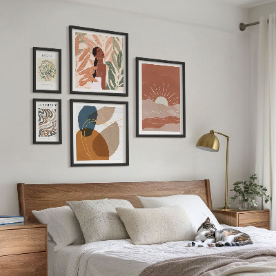 5 paveikslų rinkinys su rėmais Boho stiliaus augalų abstraktūs motyvai