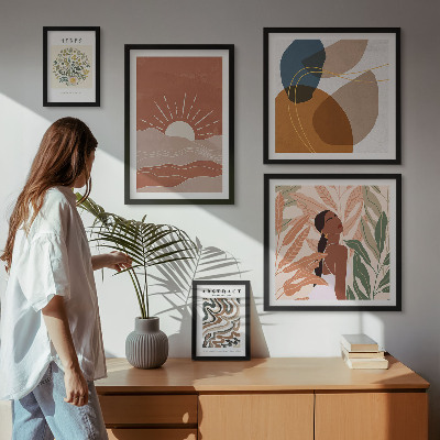 5 paveikslų rinkinys su rėmais Boho stiliaus augalų abstraktūs motyvai