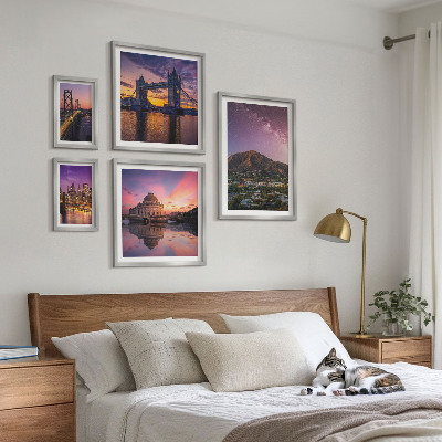 5 paveikslų rinkinys su rėmais Kalnų miestų peizažai naktį