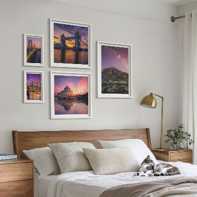 5 paveikslų rinkinys su rėmais Kalnų miestų peizažai naktį