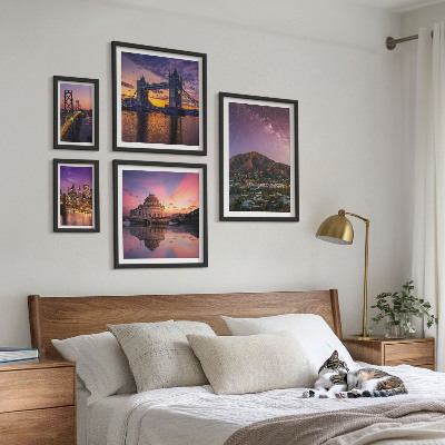 5 paveikslų rinkinys su rėmais Kalnų miestų peizažai naktį