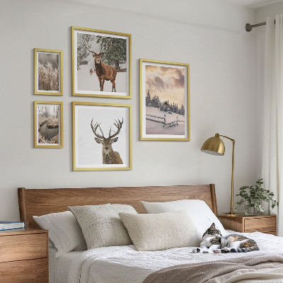 5 paveikslų rinkinys su rėmais Žiemos peizažai su elniais