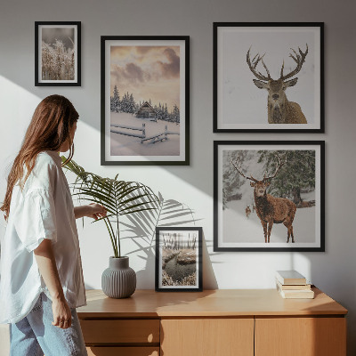 5 paveikslų rinkinys su rėmais Žiemos peizažai su elniais