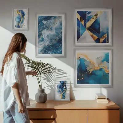 Abstrakčios mėlynos kompozicijos 5 paveikslų rinkinys su rėmais