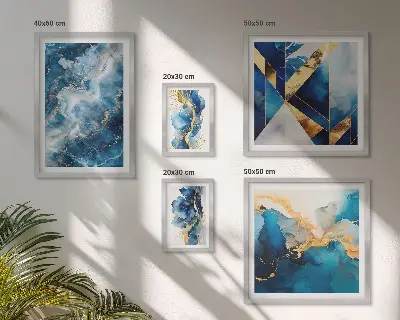 Abstrakčios mėlynos kompozicijos 5 paveikslų rinkinys su rėmais