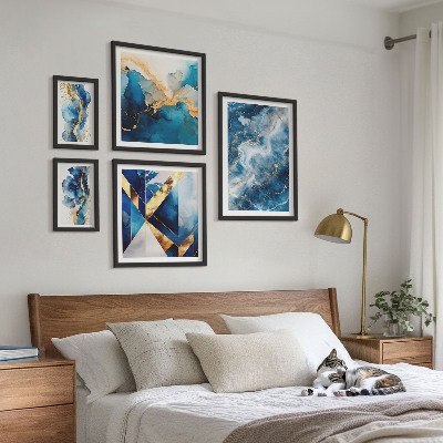 5 paveikslų rinkinys su rėmais Abstrakčios mėlynos kompozicijos