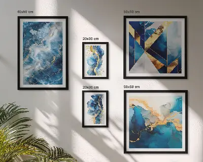Abstrakčios mėlynos kompozicijos 5 paveikslų rinkinys su rėmais