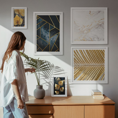 Paveikslų rinkinys miegamajam Stilingi lapai ir geometrija