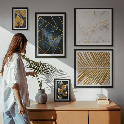 Paveikslų rinkinys miegamajam Stilingi lapai ir geometrija