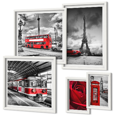 5 paveikslų rinkinys su rėmais Architektūrinės piktogramos ir transporto priemonės