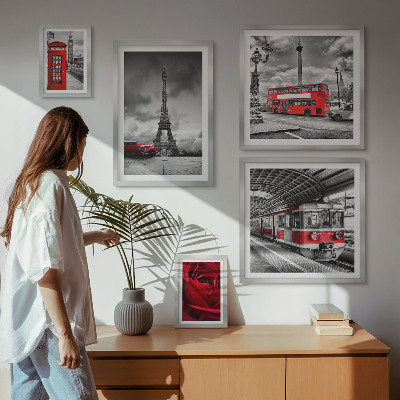 5 paveikslų rinkinys su rėmais Architektūrinės piktogramos ir transporto priemonės