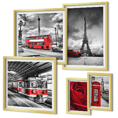 5 paveikslų rinkinys su rėmais Architektūrinės piktogramos ir transporto priemonės