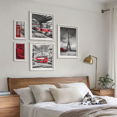 5 paveikslų rinkinys su rėmais Architektūrinės piktogramos ir transporto priemonės
