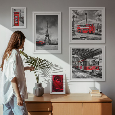 5 paveikslų rinkinys su rėmais Architektūrinės piktogramos ir transporto priemonės