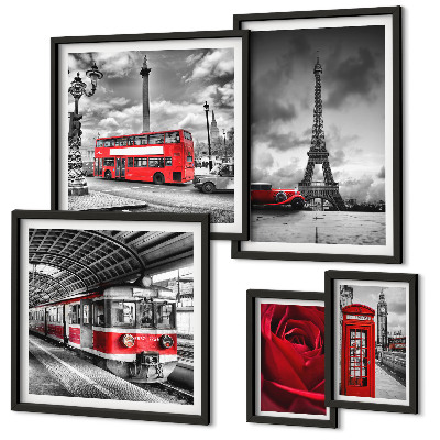 5 paveikslų rinkinys su rėmais Architektūrinės piktogramos ir transporto priemonės