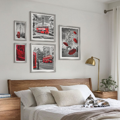 5 paveikslų rinkinys su rėmais Londono motyvai, raudoni akcentai