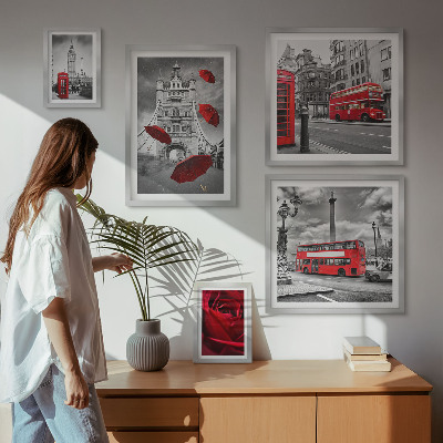 5 paveikslų rinkinys su rėmais Londono motyvai, raudoni akcentai