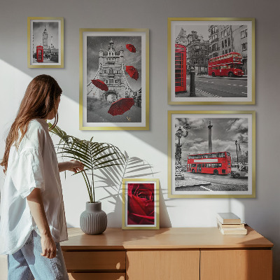 5 paveikslų rinkinys su rėmais Londono motyvai, raudoni akcentai
