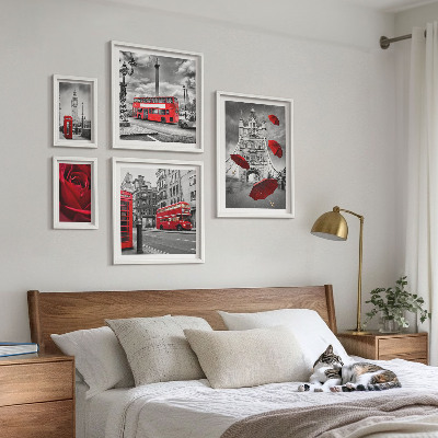5 paveikslų rinkinys su rėmais Londono motyvai, raudoni akcentai