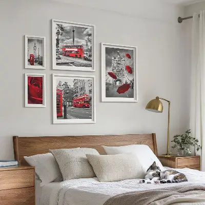 5 paveikslų rinkinys su rėmais Londono motyvai su raudonais akcentais