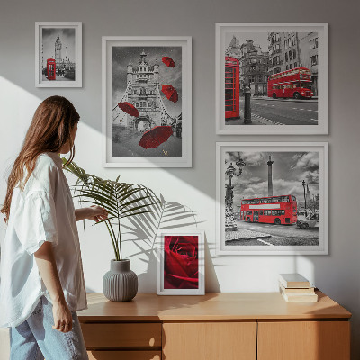 5 paveikslų rinkinys su rėmais Londono motyvai, raudoni akcentai