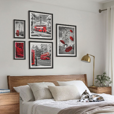 5 paveikslų rinkinys su rėmais Londono motyvai, raudoni akcentai