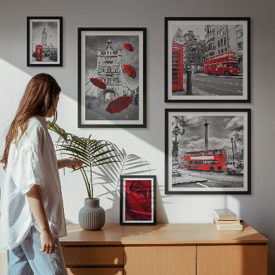5 paveikslų rinkinys su rėmais Londono motyvai, raudoni akcentai