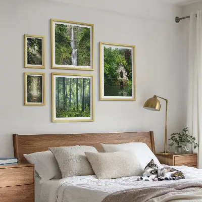 5 paveikslų rinkinys su rėmais žali miškai ir kriokliai gamtos tema
