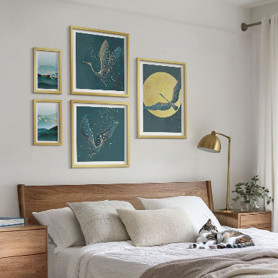 5 paveikslų rinkinys su rėmais Peizažai, paukščiai, naktinis dangus