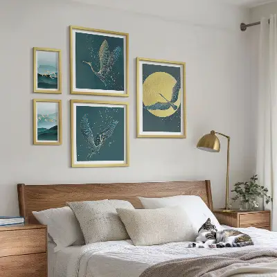 5 paveikslų rinkinys su rėmais peizažai su paukščiais ir naktiniu dangumi