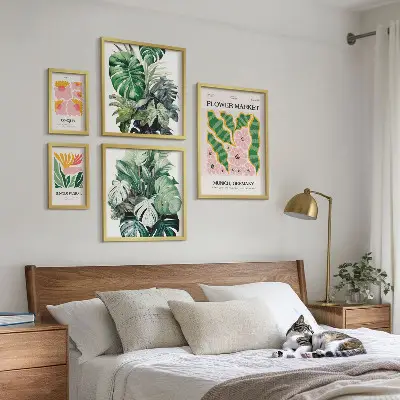5 paveikslų rinkinys su rėmais bohemiškos gėlės su augalų motyvais
