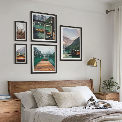 5 paveikslų rinkinys su rėmais Kalnų peizažai su ežerais